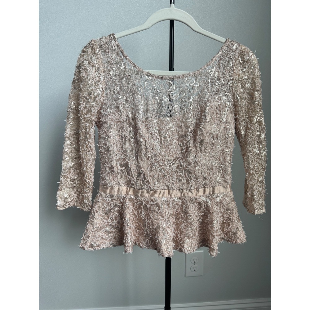 Kay Unger Sequin Lace Peplum Blouse Champagne Rose Gold Cocktail Top 8